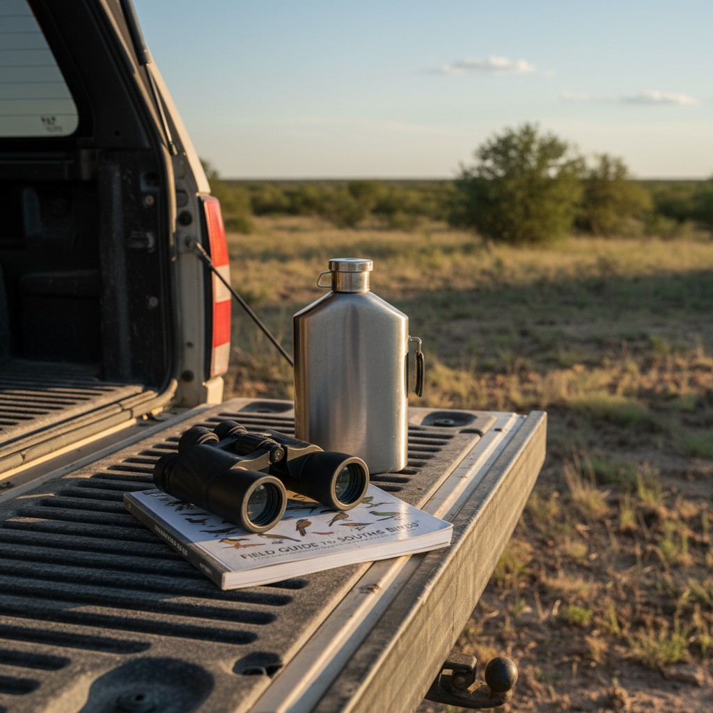 Pair of binoculars, a guide to south birds, and a thermos on the back tail of a pickup truck in a grassy field.
